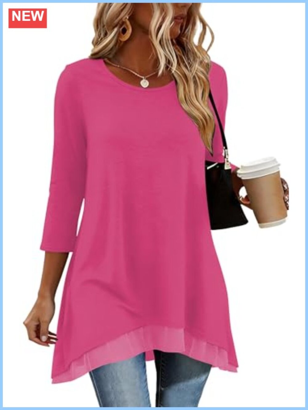 Womens 3/4 Sleeve Tunic Top with Pockets High Low Hem for Leggings